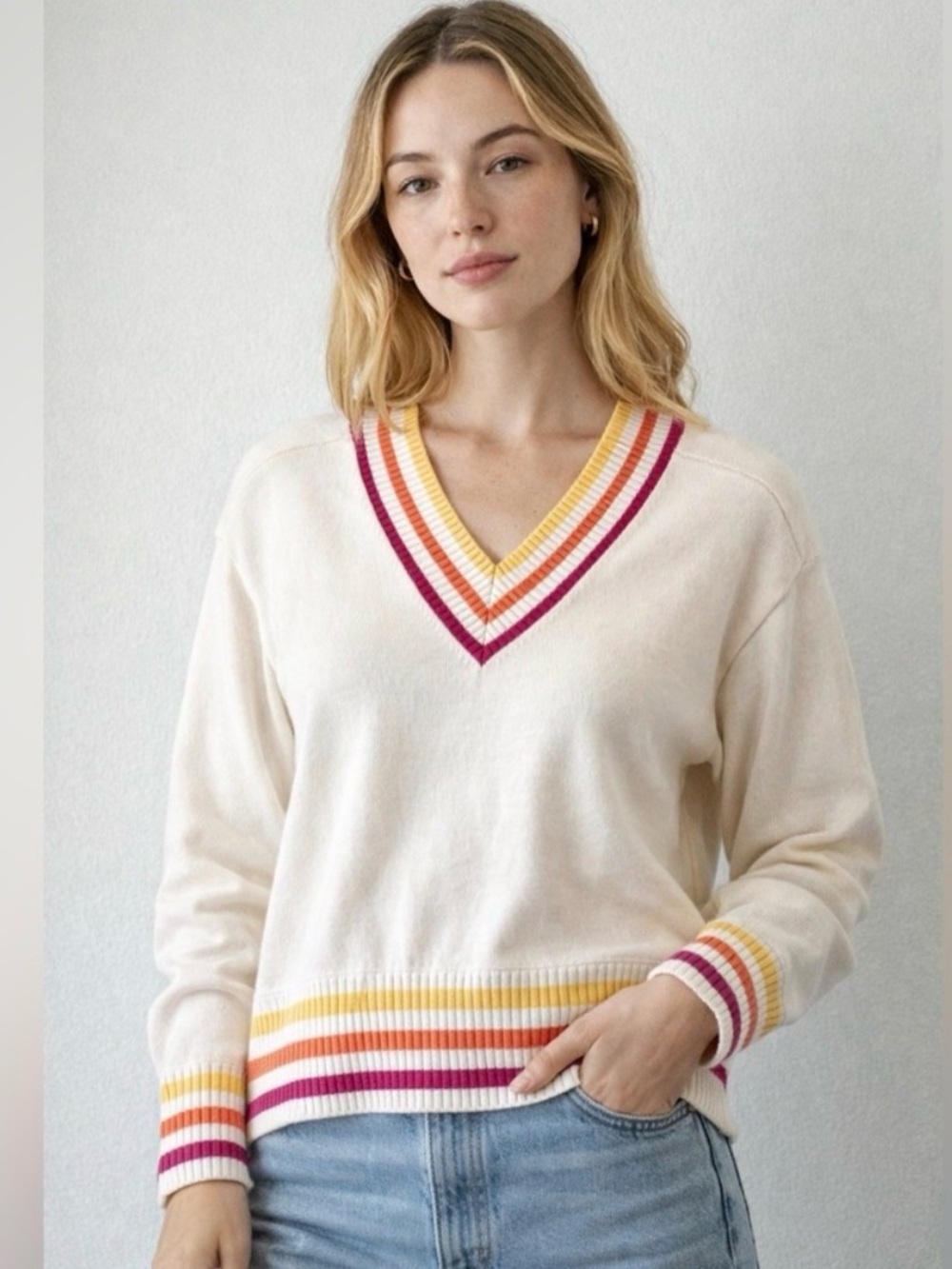 Kerri Rosenthal Get Happy V-Neck Sweater Varsity Strap sz M